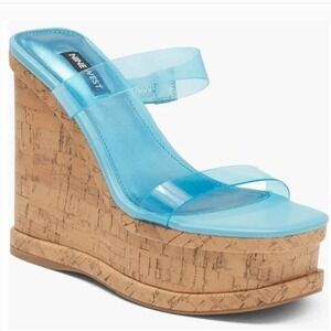 Nine West Transparent Strap Cork Wedge Platform Sandals 9.5M Turquoise Blue NEW